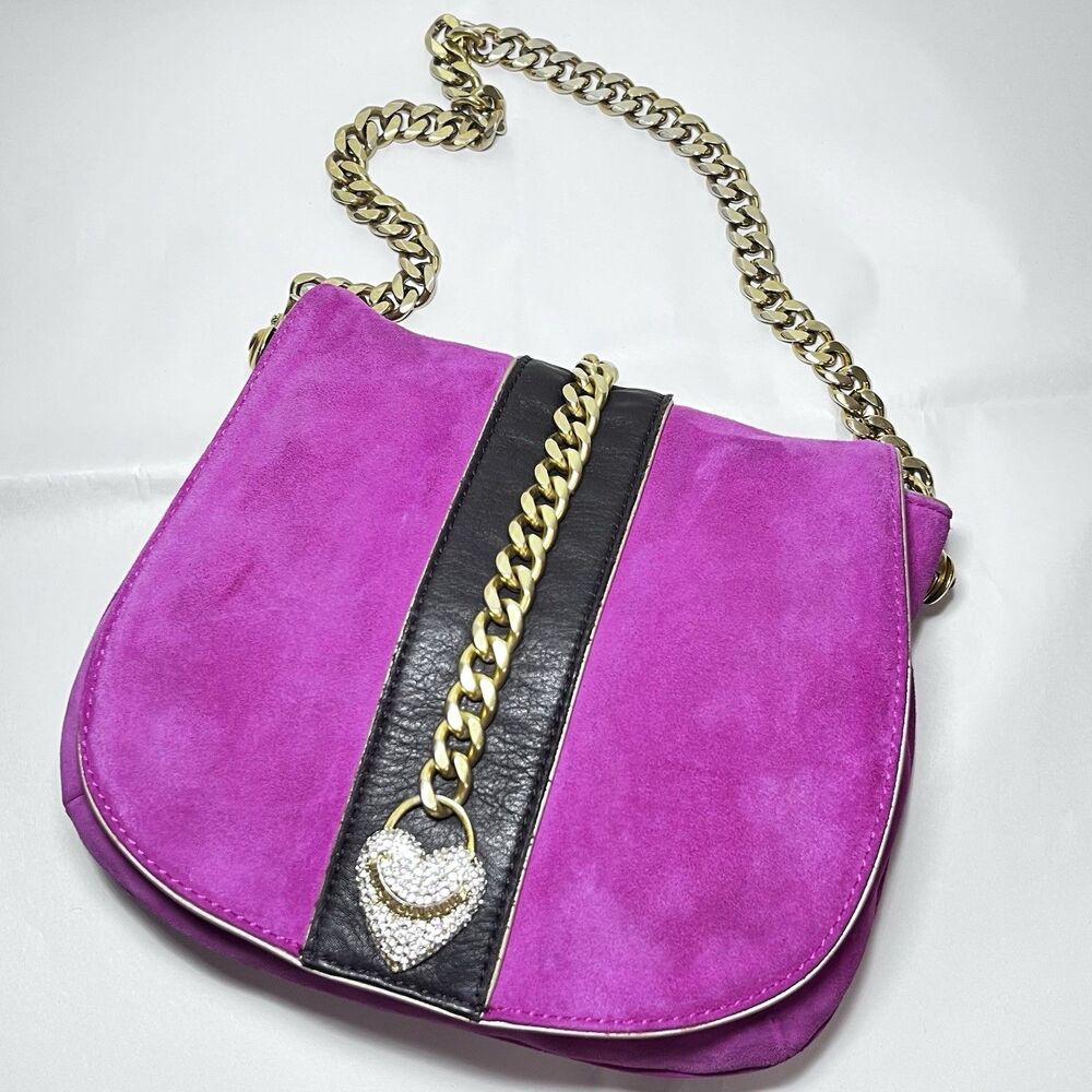 Vintage Y2K Juicy Couture Fuchsia Suede Bag Gold Chain Strap Rhinestone Heart